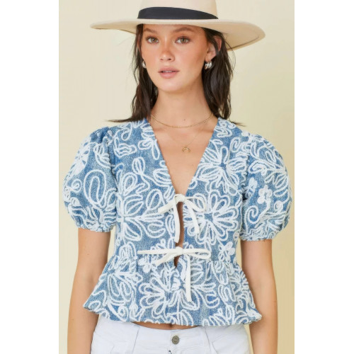 Denim Embroidered Crop Top With Front Tie Detail