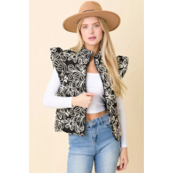 Floral Velvet Embroidered Denim Puffer Vest