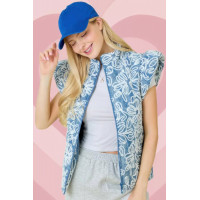 Floral Velvet Embroidered Denim Puffer Vest