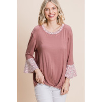 Animal Print Contrast Bell Sleeves Fashion Top With Gathered Front Hem