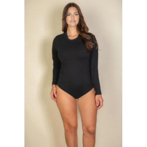 Plus solid long sleeve round neck bodysuit