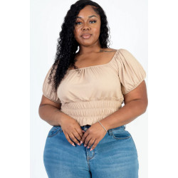 Plus size casual ruched puff sleeve ribbed knit solid top