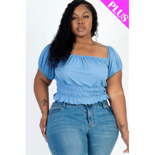 Plus size casual ruched puff sleeve ribbed knit solid top