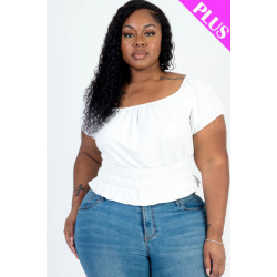 Plus size casual ruched puff sleeve ribbed knit solid top