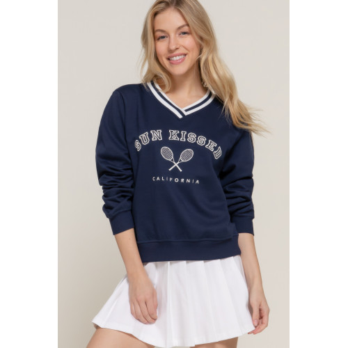 Long slv v-neck embroidered sweatshirt
