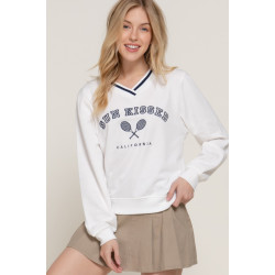 Long slv v-neck embroidered sweatshirt