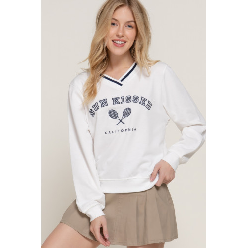 Long slv v-neck embroidered sweatshirt