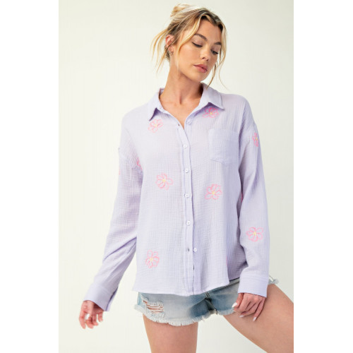 Embo detailed cotton gauze button down shirt