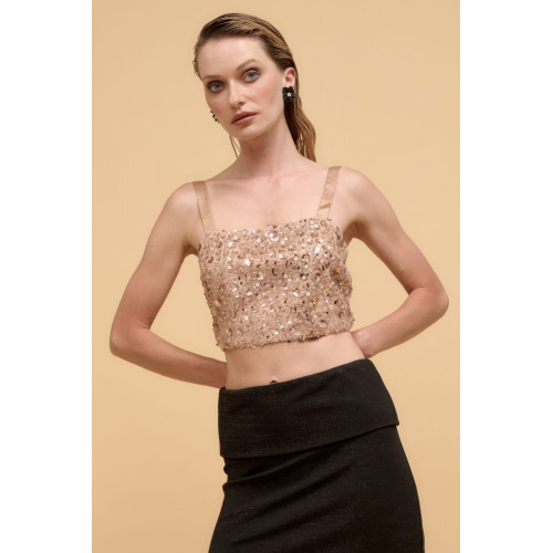 Floral sequins straight neck crop top