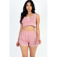 Casual French Terry Sleeveless Button Front Contrast Trim Cropped Tank Top And Shorts Set