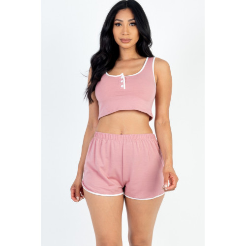 Casual French Terry Sleeveless Button Front Contrast Trim Cropped Tank Top And Shorts Set