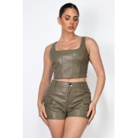 Faux Leather Square Zippered Crop Top