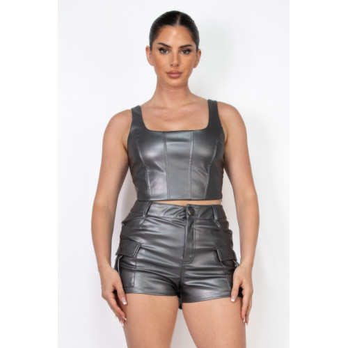 Faux Leather Square Zippered Crop Top