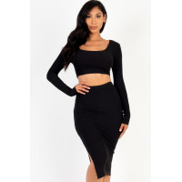 Ribbed Long Sleeve Crop Top & Skirt Set