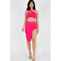 Sexy Solid One Shoulder Crop Top & Split Thigh Midi Skirt Set