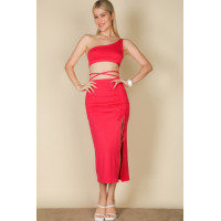 Sexy Solid Color One Shoulder Crop Top & Drawstring Ruched Crisscross Tie Back Side Slit Hem Skirt Set