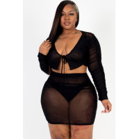 Plus Size Sheer Mesh Tie Front Crop Top & Ruched Side Mini Dress