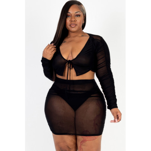 Plus Size Sheer Mesh Tie Front Crop Top & Ruched Side Mini Dress