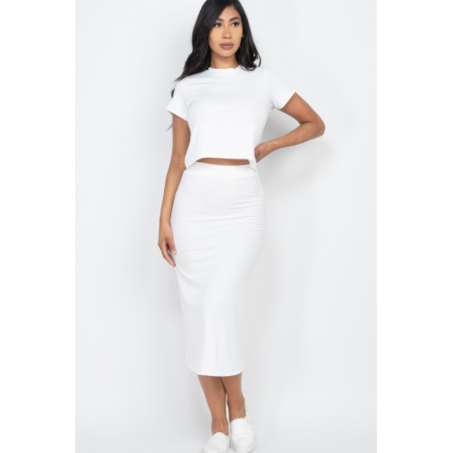 Short Sleeve Ribbed Top & Midi Skirt Se