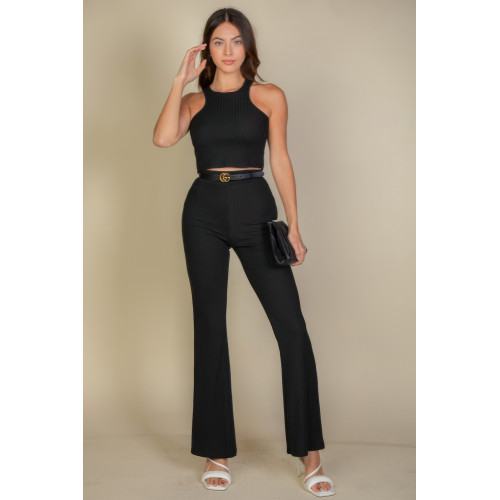 Ribbed Cropped Top And Bootcut Pants Sets