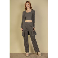 Flat Back Rib 3 Pieces Cami Top With Pants And Long Cardigan Set