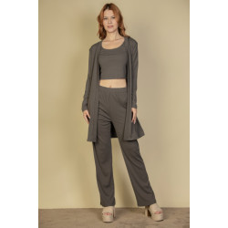 Flat Back Rib 3 Pieces Cami Top With Pants And Long Cardigan Set