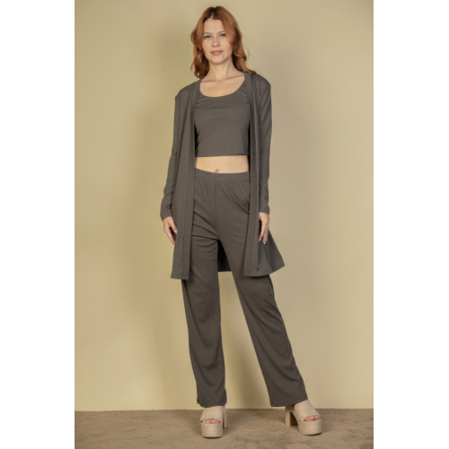 Flat Back Rib 3 Pieces Cami Top With Pants And Long Cardigan Set