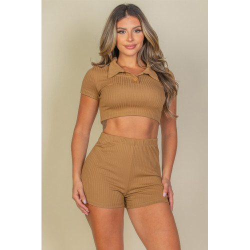 Ribbed Collared Short Sleeve Crop Top & Shorts Set