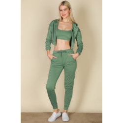 French Terry Cropped Cami With Zip-up Jacket And Joggers Set