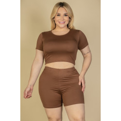 Plus Size Short Sleeve Crop Top & Shorts Set