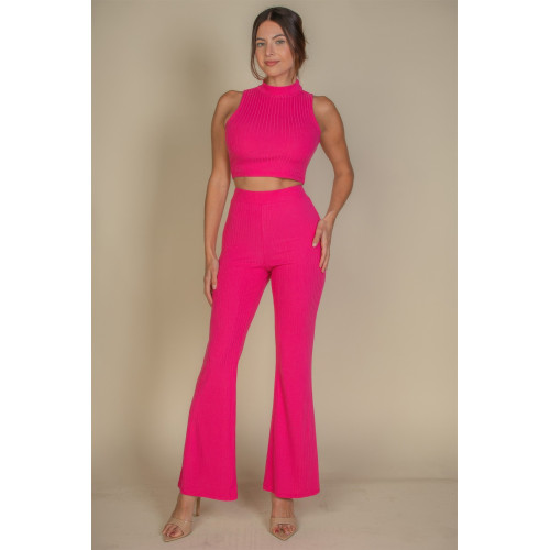 Ribbed Mock Neck Crop Tank Top & Bootcut Pants Set