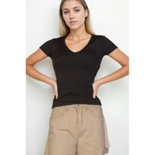 Ribbed V-neck Short Sleeve Top
