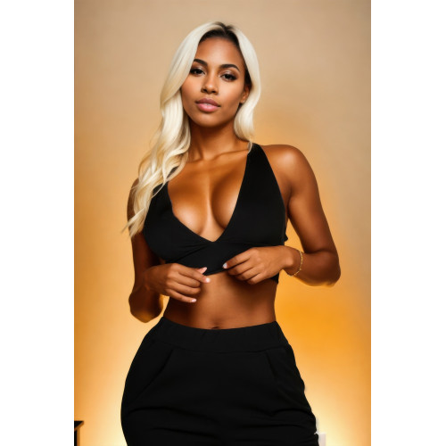 Ribbed Knit Plunge Neck Crop Top
