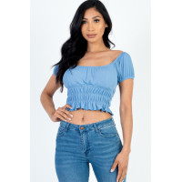 Casual Ruched Puff Sleeve Ribbed Knit Solid Top