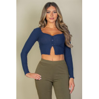 Ribbed Button Front Split Long Sleeve Top