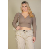 Plus Size Ribbed Wrap Front Long Sleeve Top