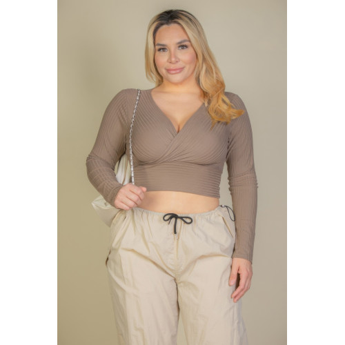 Plus Size Ribbed Wrap Front Long Sleeve Top