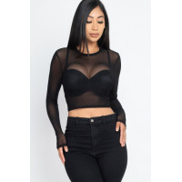 Sexy Sheer Mesh Long Sleeve Crop Top