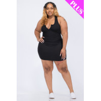 Plus Size Ribbed Split Neck Tank Mini Dress