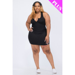 Plus Size Ribbed Split Neck Tank Mini Dress