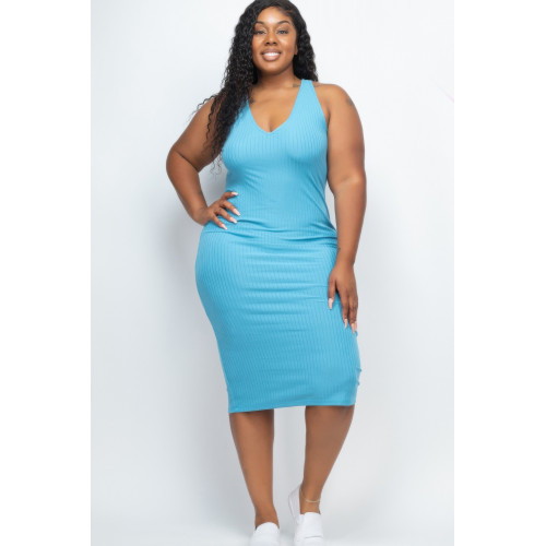 Plus Size Ribbed Sleeveless Bodycon Midi Dress