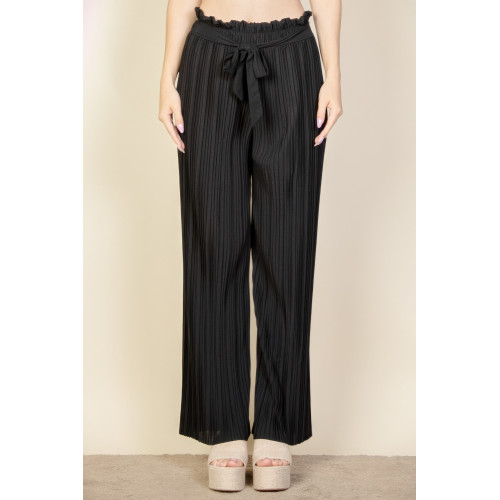 Pleated Stretch Crepe Pull-on Wide Leg Tie Front Pants
