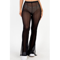 Poly Mesh Front Slit High Waist Flared Pants