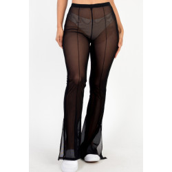 Poly Mesh Front Slit High Waist Flared Pants