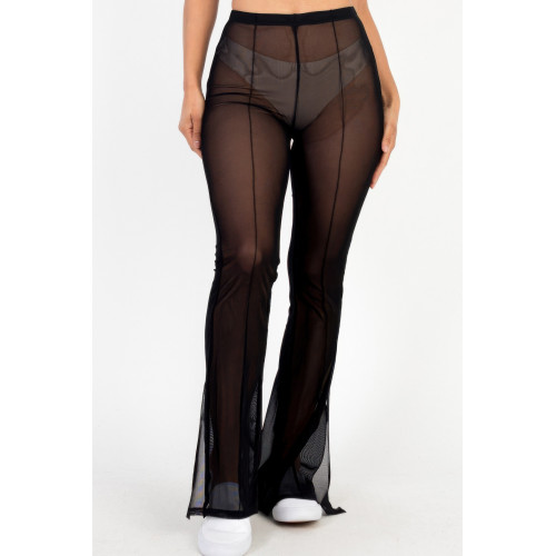 Poly Mesh Front Slit High Waist Flared Pants