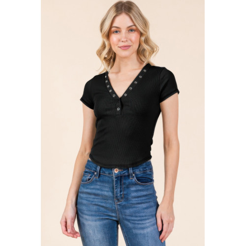 Insert Lace Snap Detail Top W/ Reverse Stitch