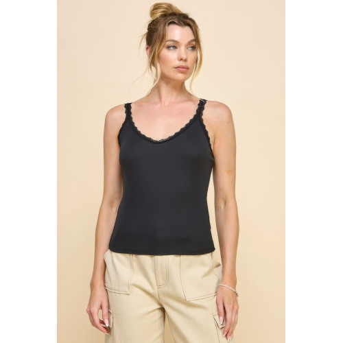 Ribbed V-neck Lace Trim With Strap Tank Top