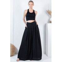 Large Hem Wide Leg Pleated Solid Pants