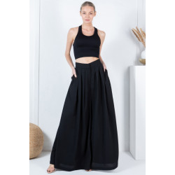 Large Hem Wide Leg Pleated Solid Pants