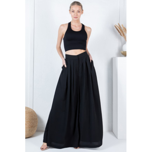 Large Hem Wide Leg Pleated Solid Pants